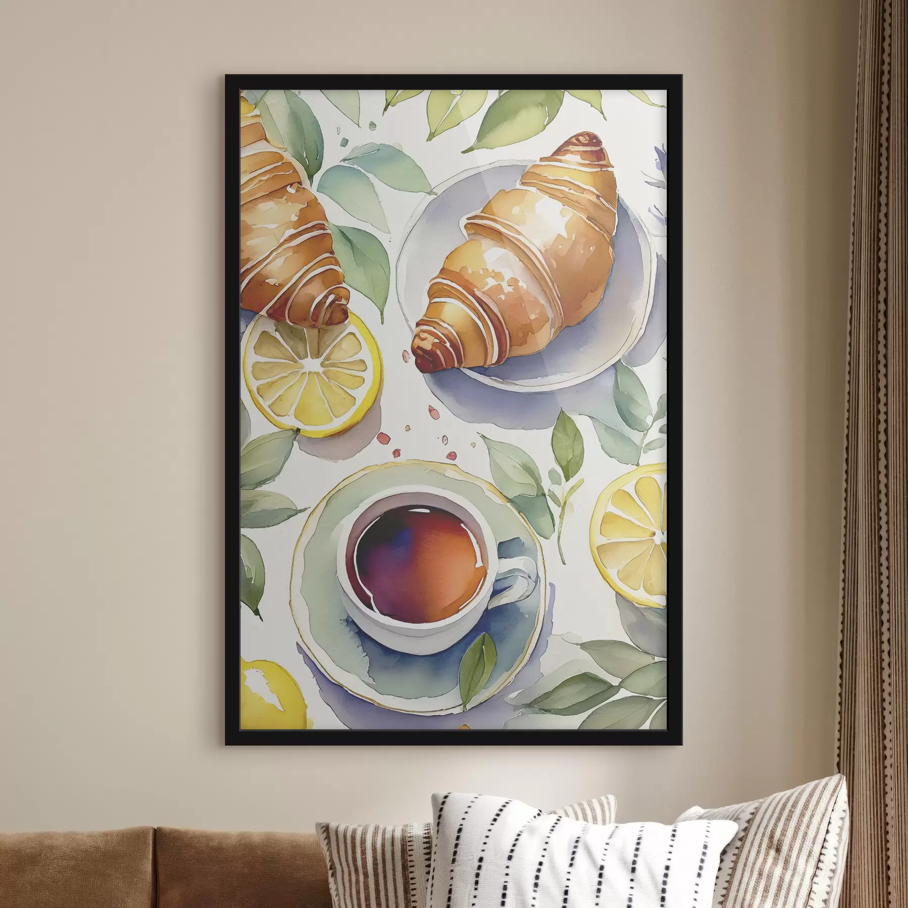 murales de pared Acuarela de croissant, taza de té, desayuno, limones, estilo rústico f38389