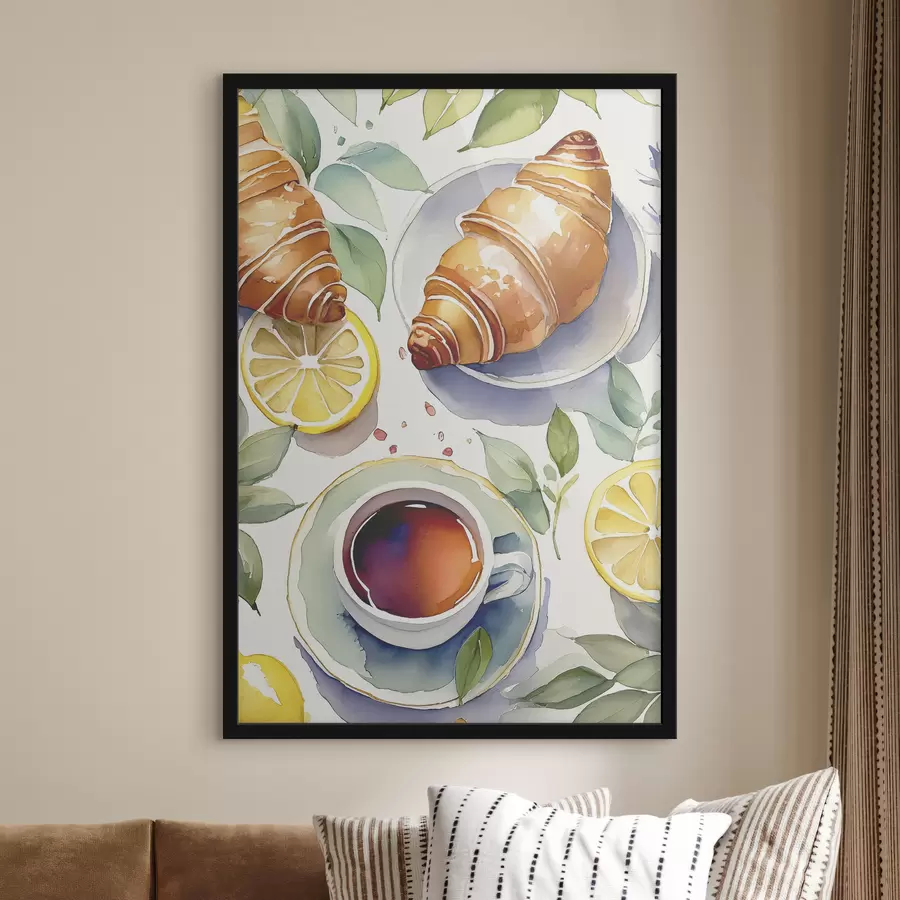 murales de pared Acuarela de croissant, taza de té, desayuno, limones, estilo rústico f38389