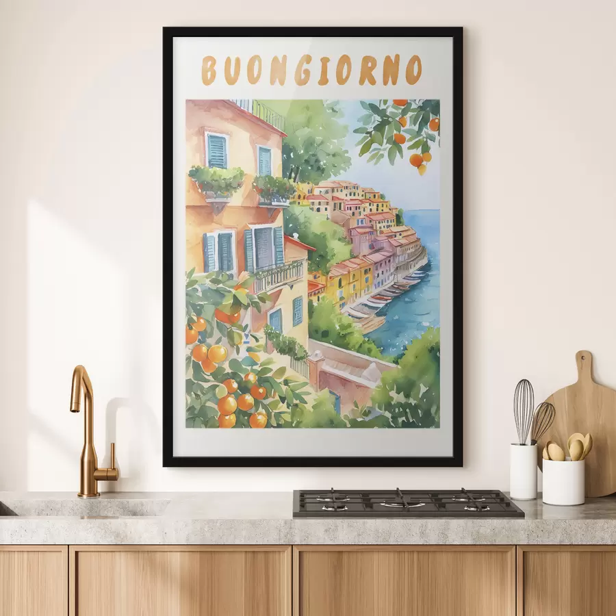 murales de pared Arquitectura de la ciudad italiana, costa del mar de Amalfi, verano, acuarela, limonero f38393