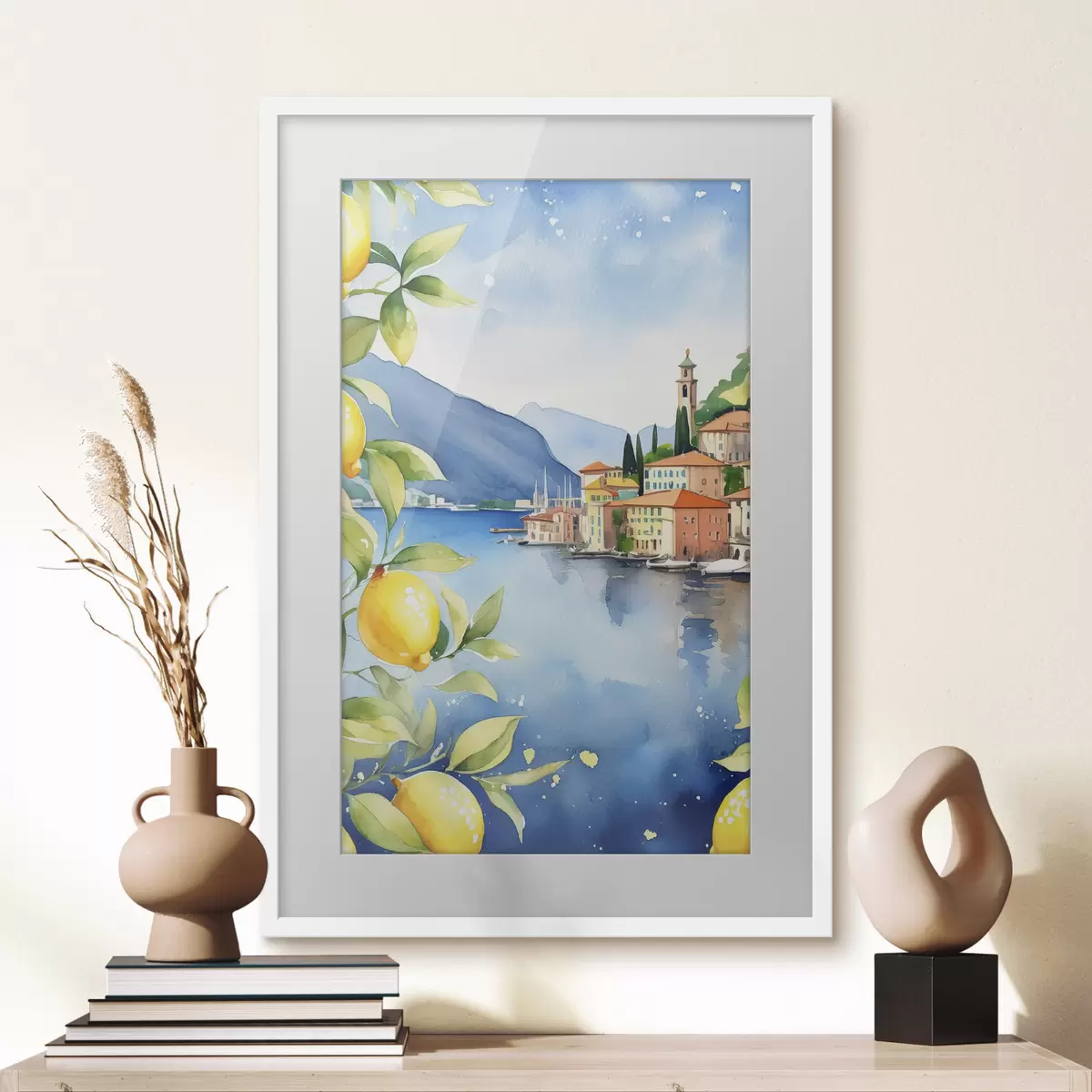 Poster Lago italiano, verano, acuarela, paisaje natural, limones, arquitectura de la ciudad f38397