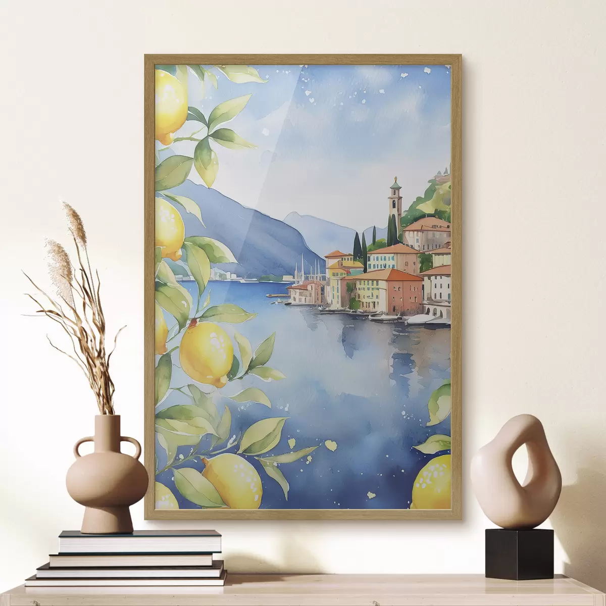 Poster Lago italiano, verano, acuarela, paisaje natural, limones, arquitectura de la ciudad f38397
