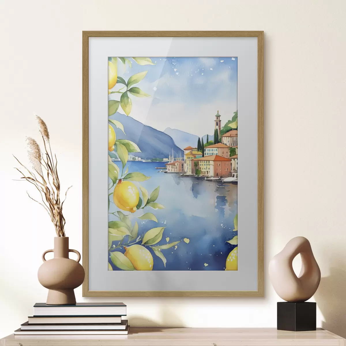 Poster Lago italiano, verano, acuarela, paisaje natural, limones, arquitectura de la ciudad f38397