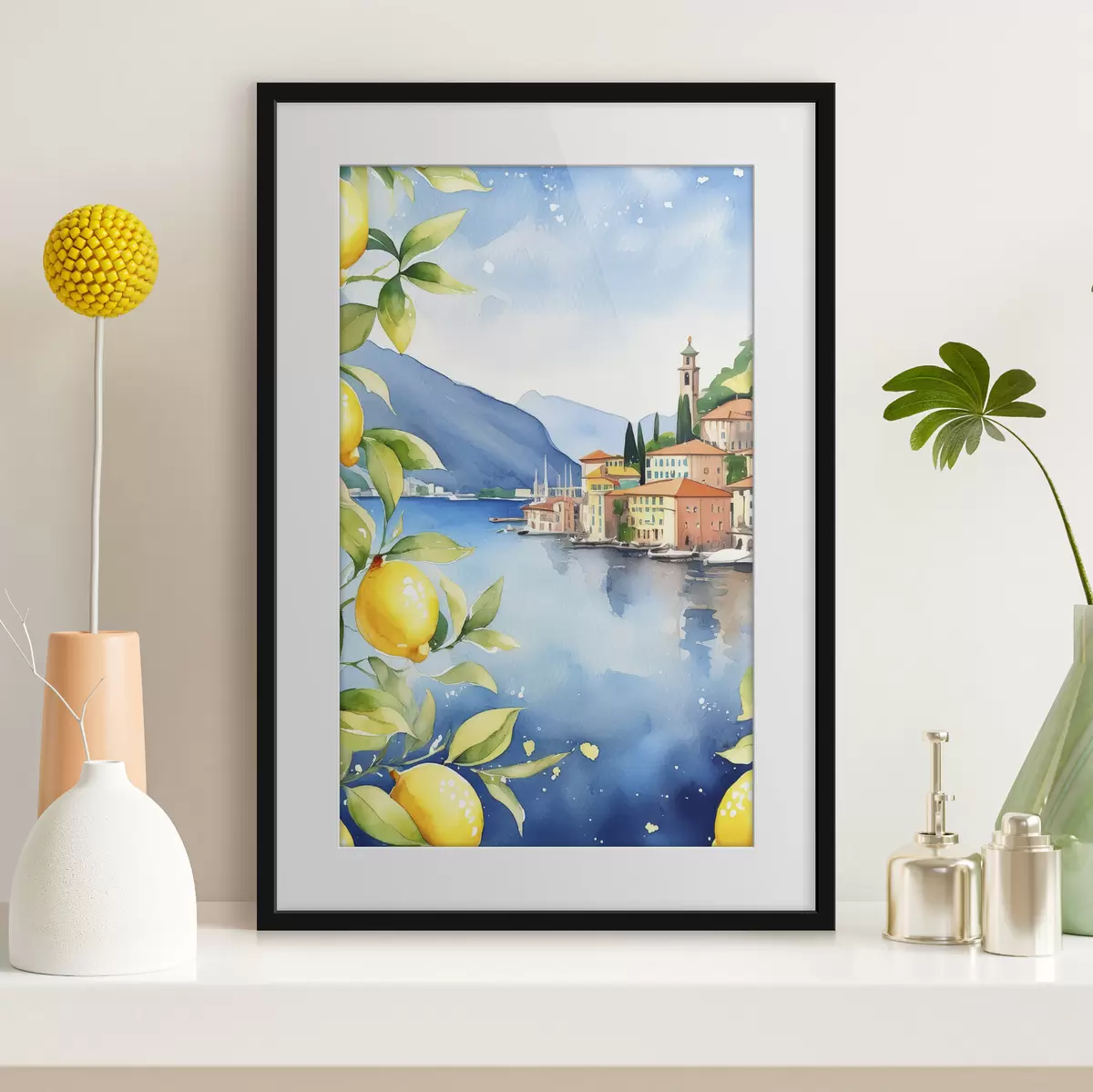 Poster Lago italiano, verano, acuarela, paisaje natural, limones, arquitectura de la ciudad f38397