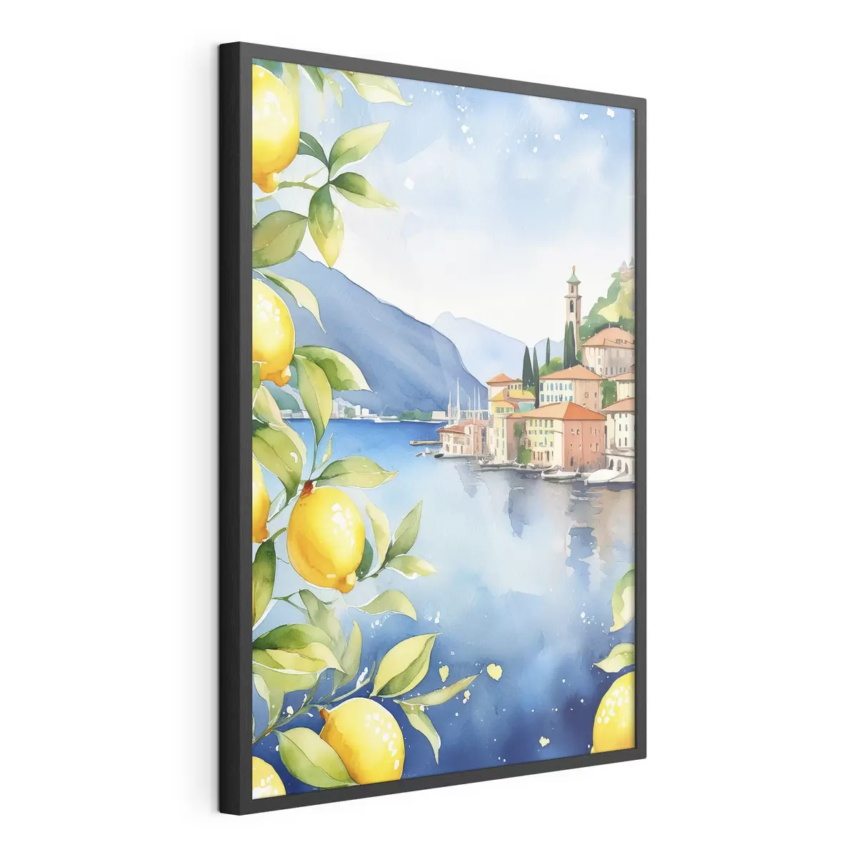 Poster Lago italiano, verano, acuarela, paisaje natural, limones, arquitectura de la ciudad f38397