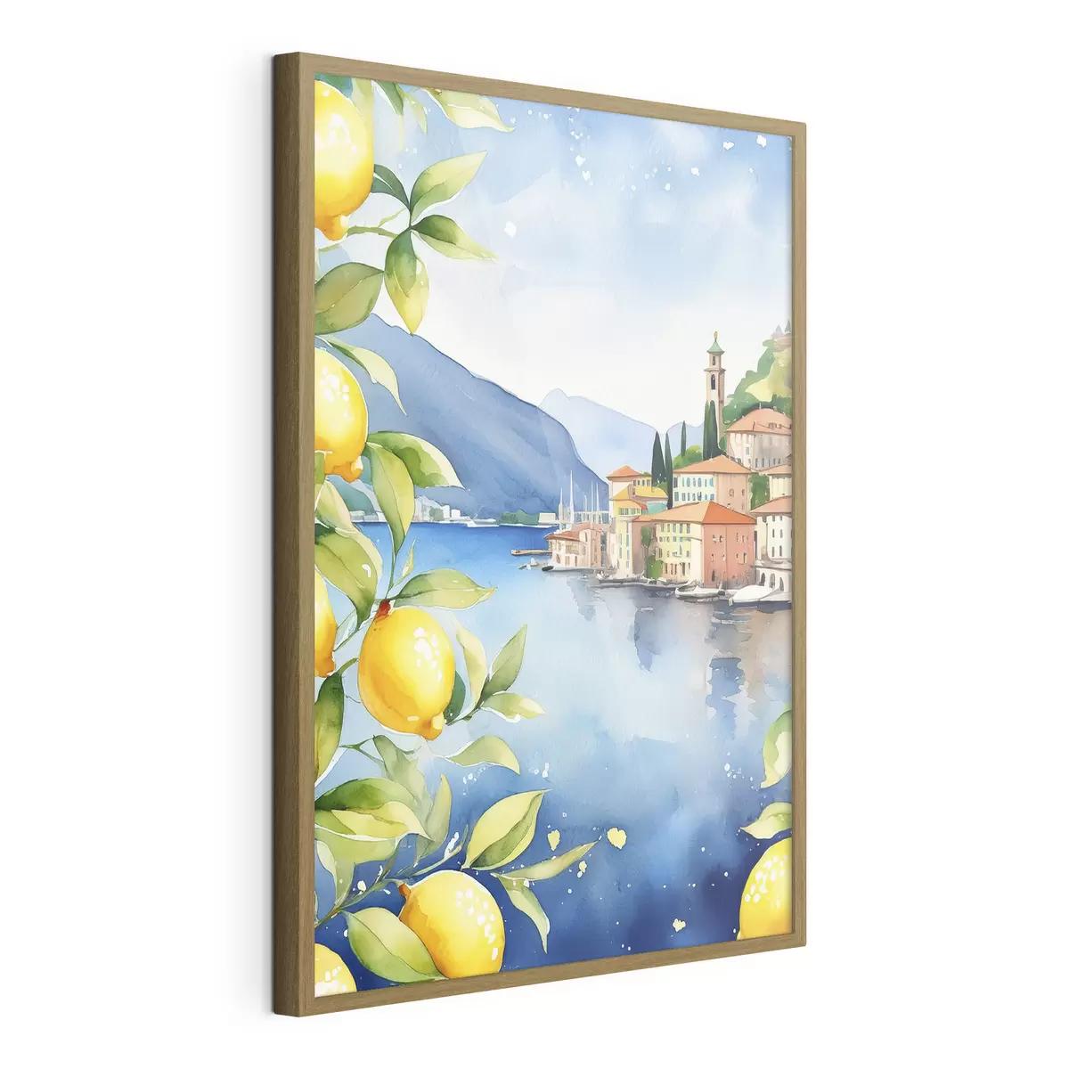 Poster Lago italiano, verano, acuarela, paisaje natural, limones, arquitectura de la ciudad f38397