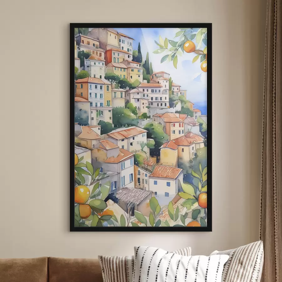 murales de pared Arquitectura mediterránea, acuarela, verano, naranjas, ciudad vieja. f38396