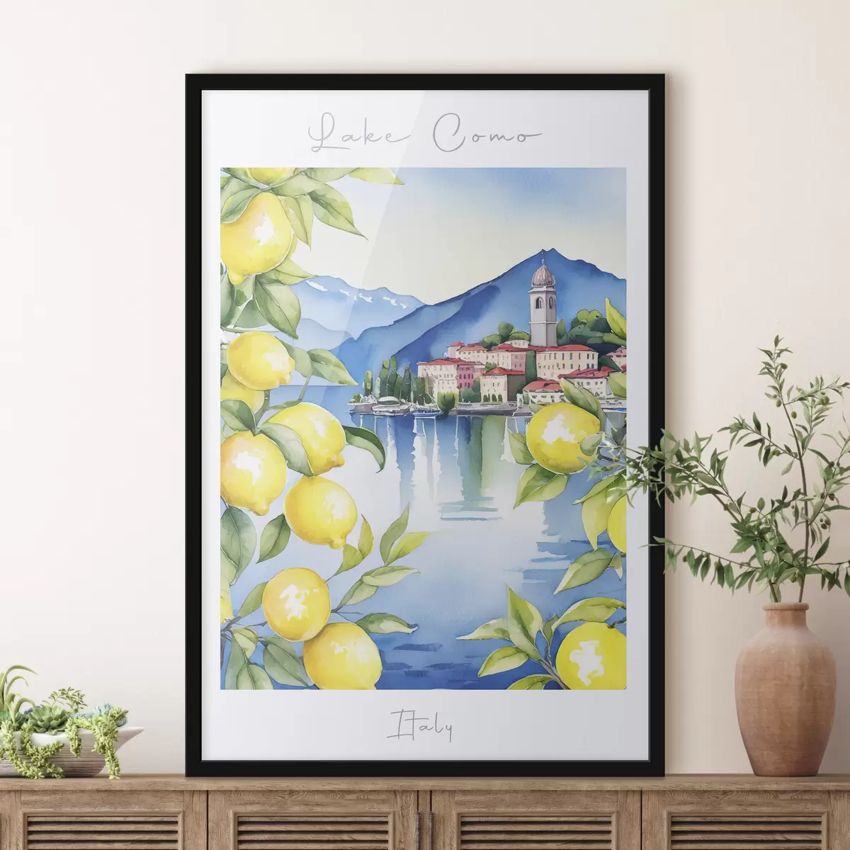 Poster Lago Como, acuarela, Italia, verano, montañas, limonero, mar, ciudad vieja f38398