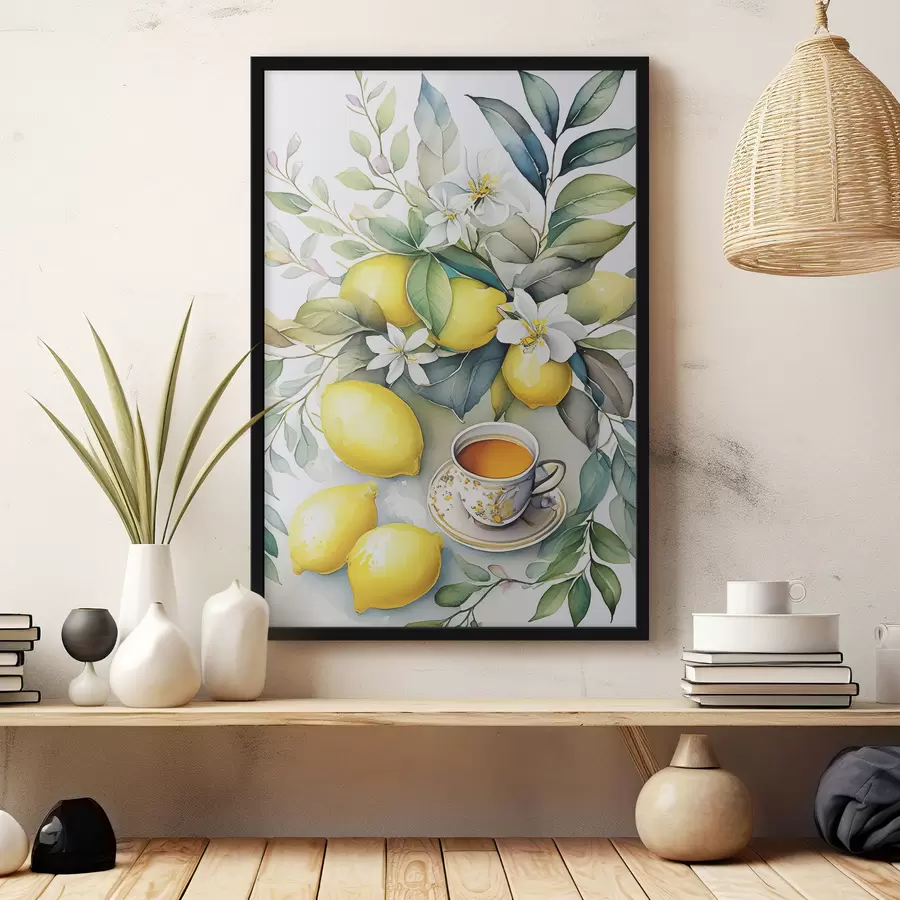 murales de pared Limones y flores, acuarela, desayuno, taza de té, estilo bohemio. f38403
