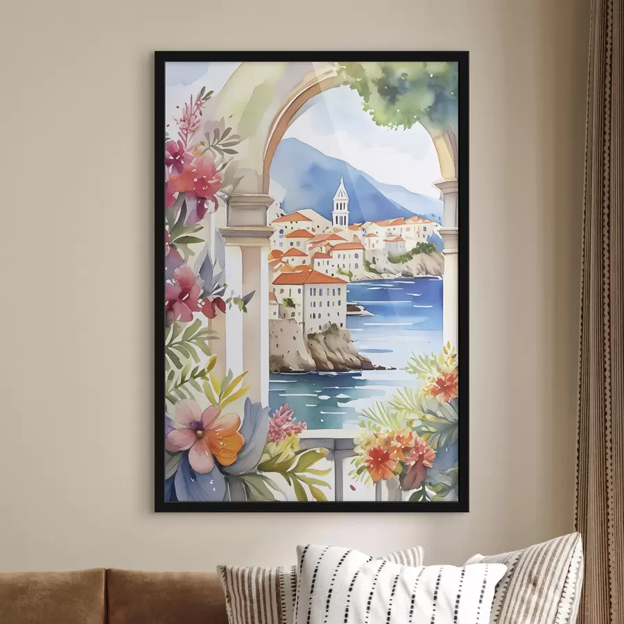 murales de pared Arquitectura mediterránea, acuarela, flores de verano, mar azul, montañas. f38408