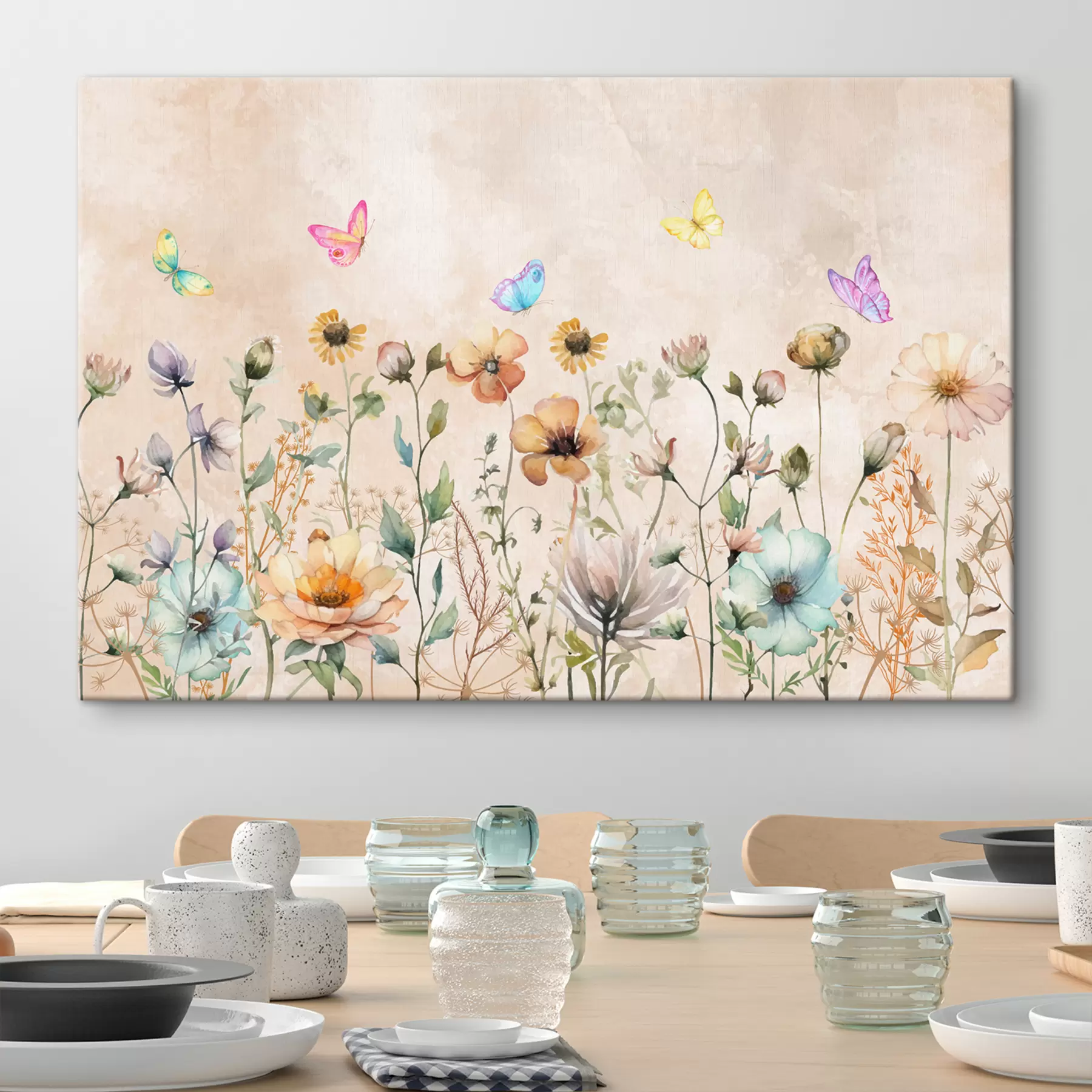 murales de pared flores silvestres con acuarelas, mariposas brillantes y pasteles s38441