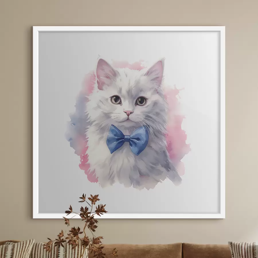 murales de pared Gato blanco esponjoso con un lazo azul en el cuello, acuarela, animal, gris, blanco, rosa, color azul f38479