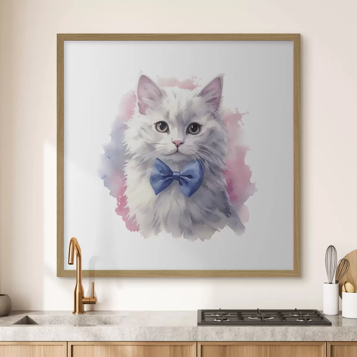 Poster Gato blanco esponjoso con un lazo azul en el cuello, acuarela, animal, gris, blanco, rosa, color azul f38479