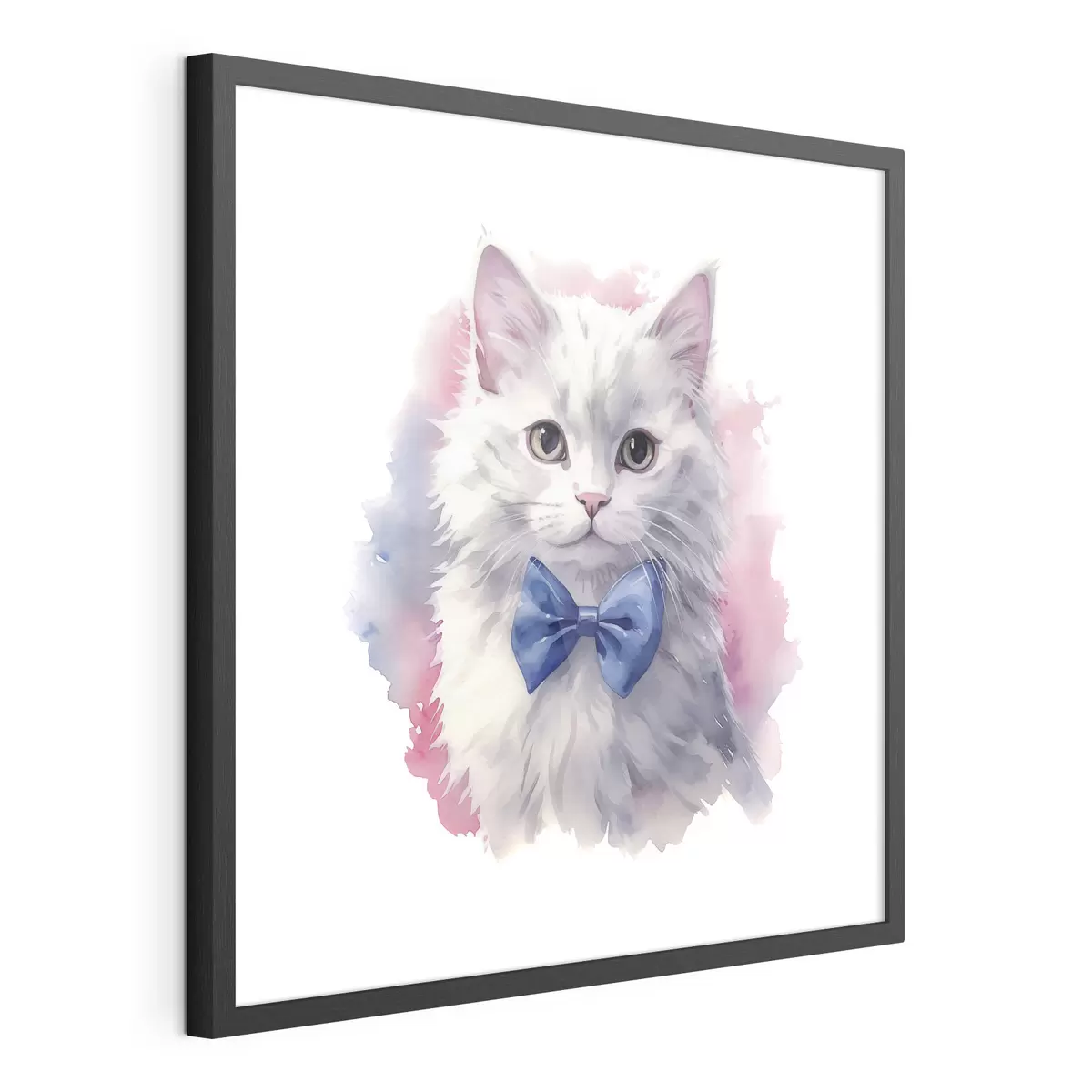 Poster Gato blanco esponjoso con un lazo azul en el cuello, acuarela, animal, gris, blanco, rosa, color azul f38479