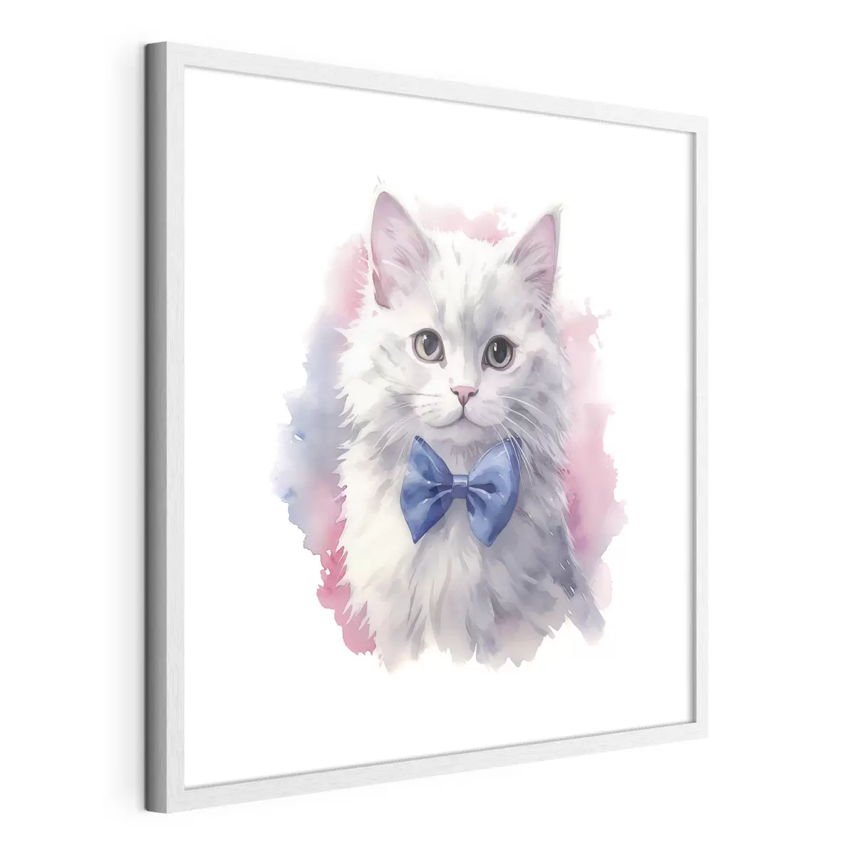 Poster Gato blanco esponjoso con un lazo azul en el cuello, acuarela, animal, gris, blanco, rosa, color azul f38479