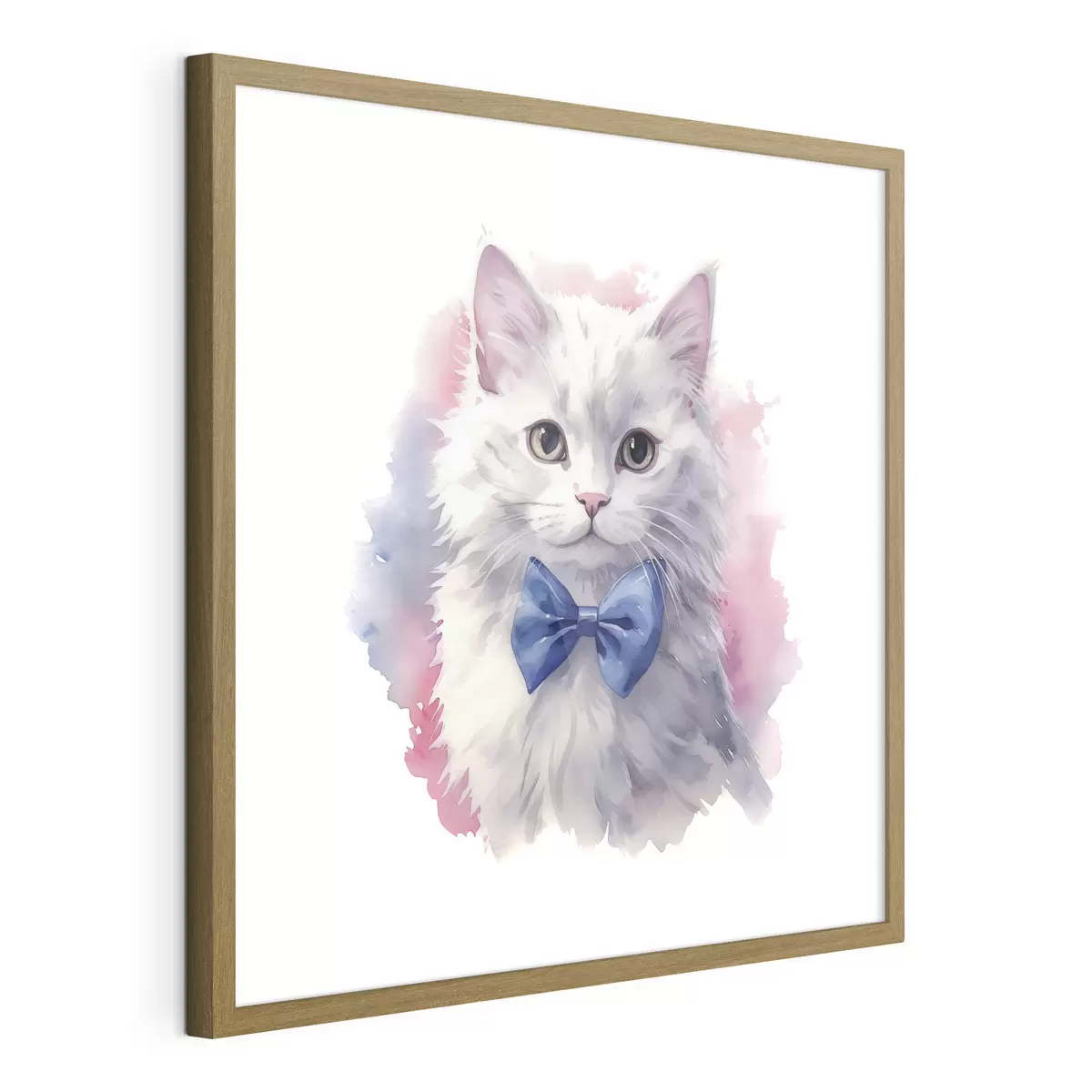 Poster Gato blanco esponjoso con un lazo azul en el cuello, acuarela, animal, gris, blanco, rosa, color azul f38479