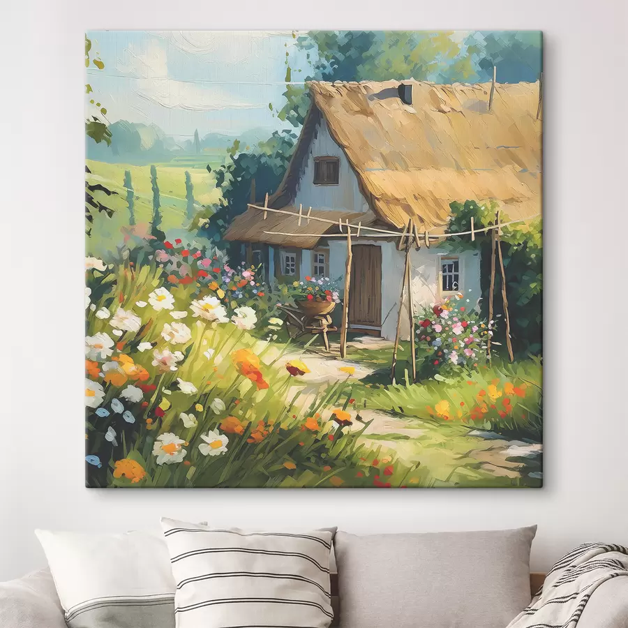murales de pared Casa de pueblo con jardín, flores de verano, pintura al óleo, pinceladas, campo, estilo rústico s38491