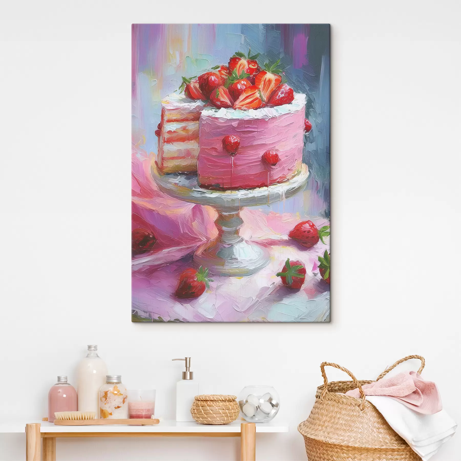 murales de pared Pastel de fresa con crema, pintura al óleo, grandes pinceladas, bayas de verano, colores rosados s38499