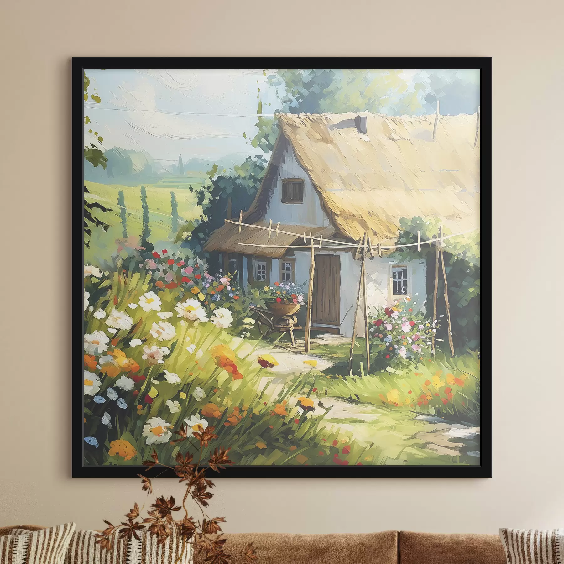 murales de pared Casa de pueblo con jardín, flores de verano, pintura al óleo, pinceladas, campo, estilo rústico f38491