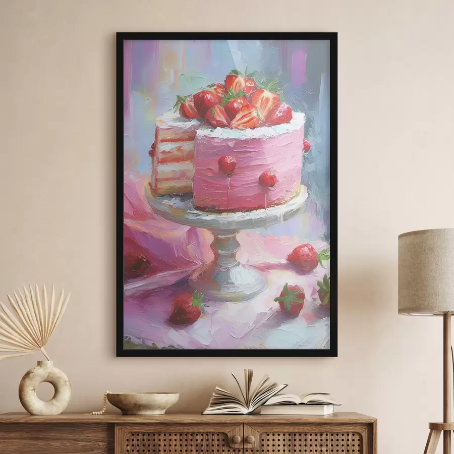 murales de pared Pastel de fresa con crema, pintura al óleo, grandes pinceladas, bayas de verano, colores rosados f38499