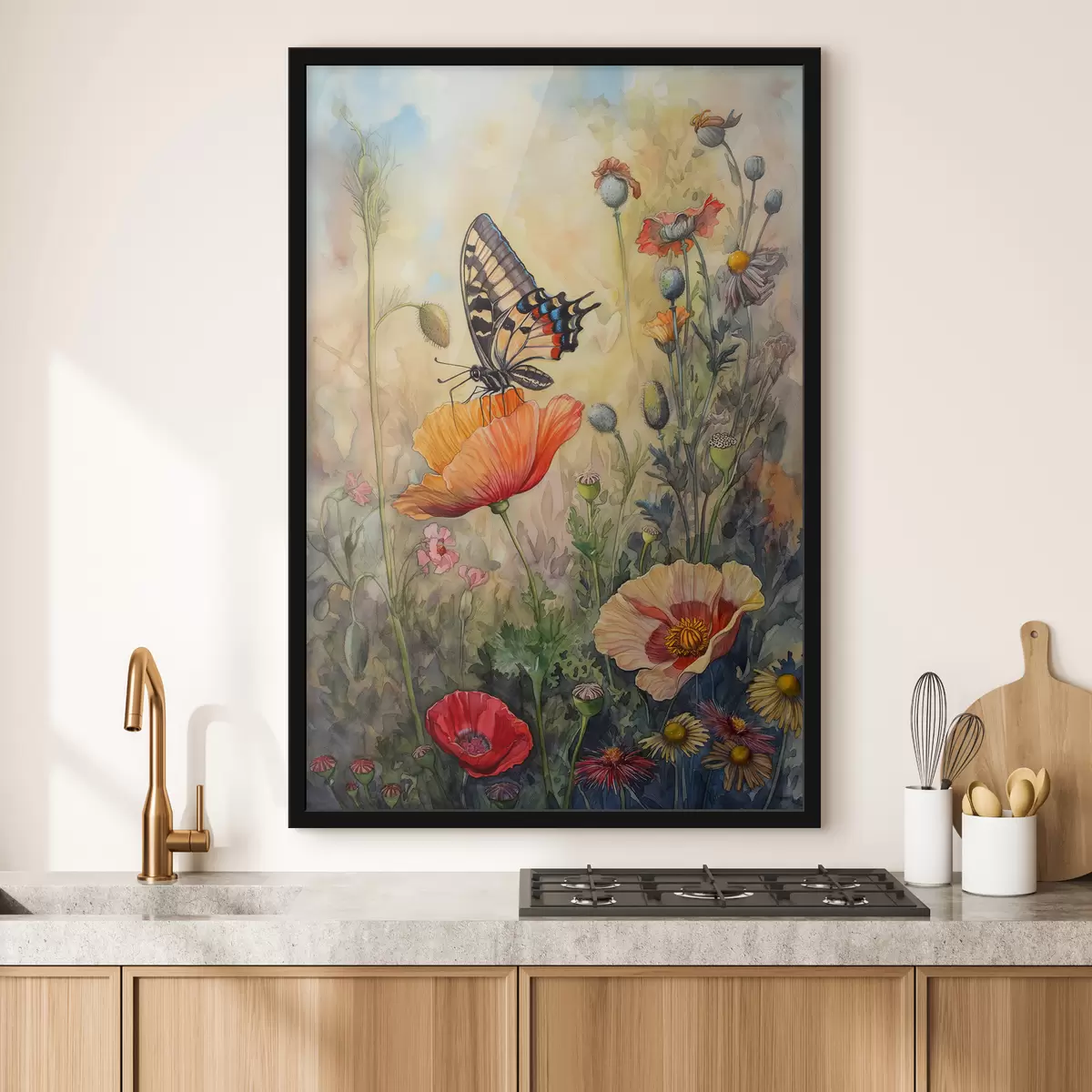 Poster Campo de amapolas y mariposas. f38520
