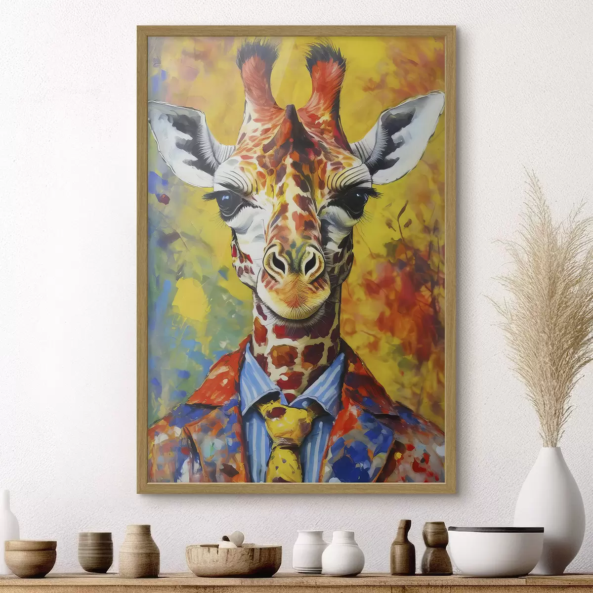 Poster retrato de una jirafa con traje sobre un fondo amarillo f38606