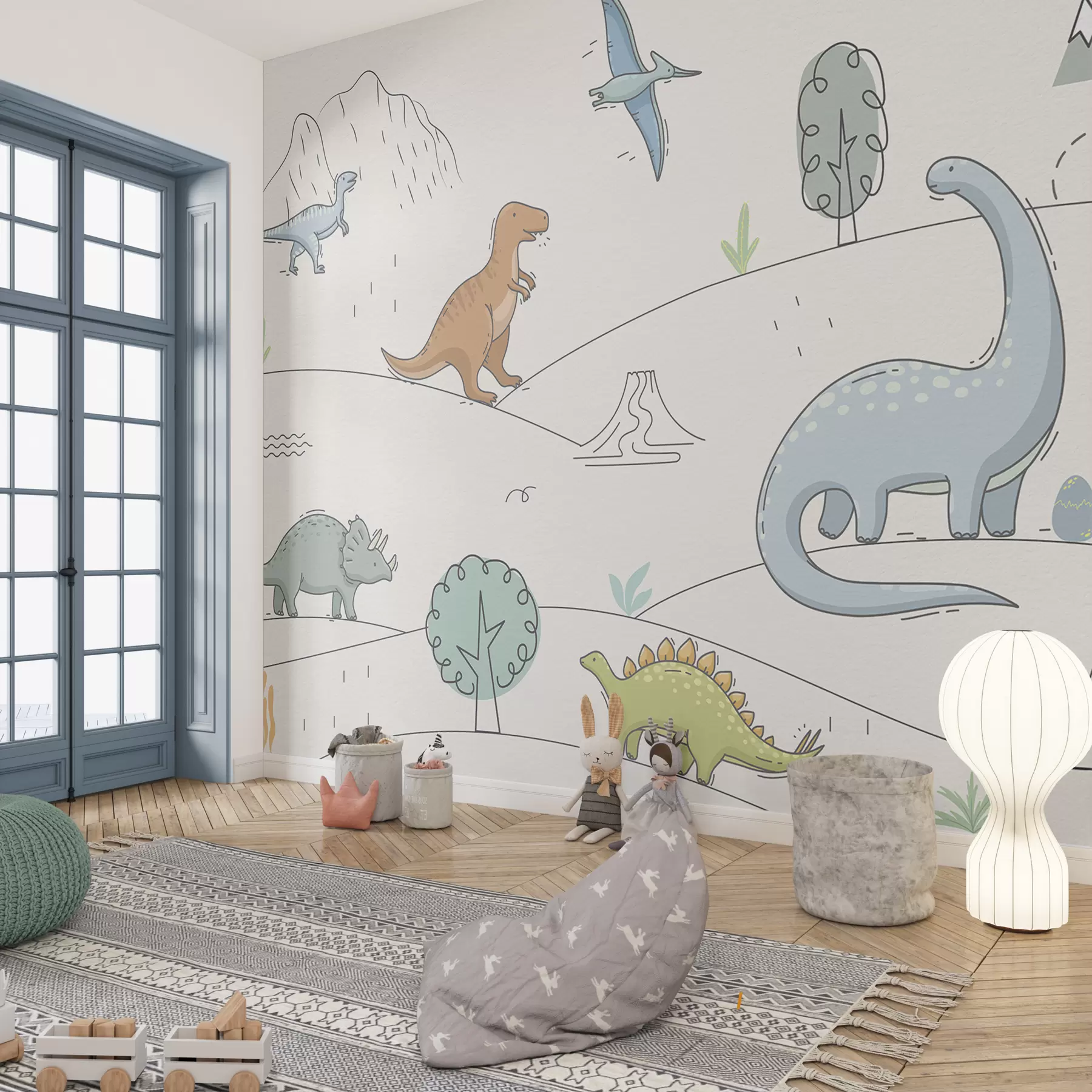 murales de pared Dinosaurios coloridos en las colinas. w00637