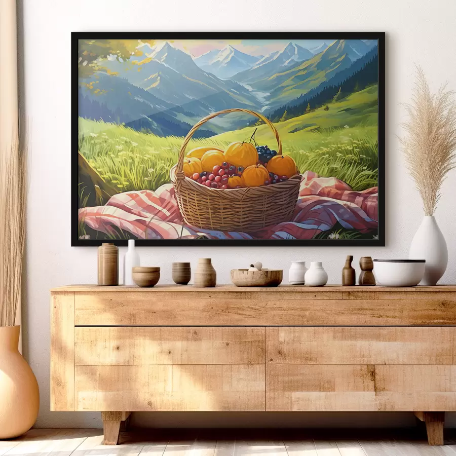 murales de pared una cesta de frutas en un prado en las montañas f38654