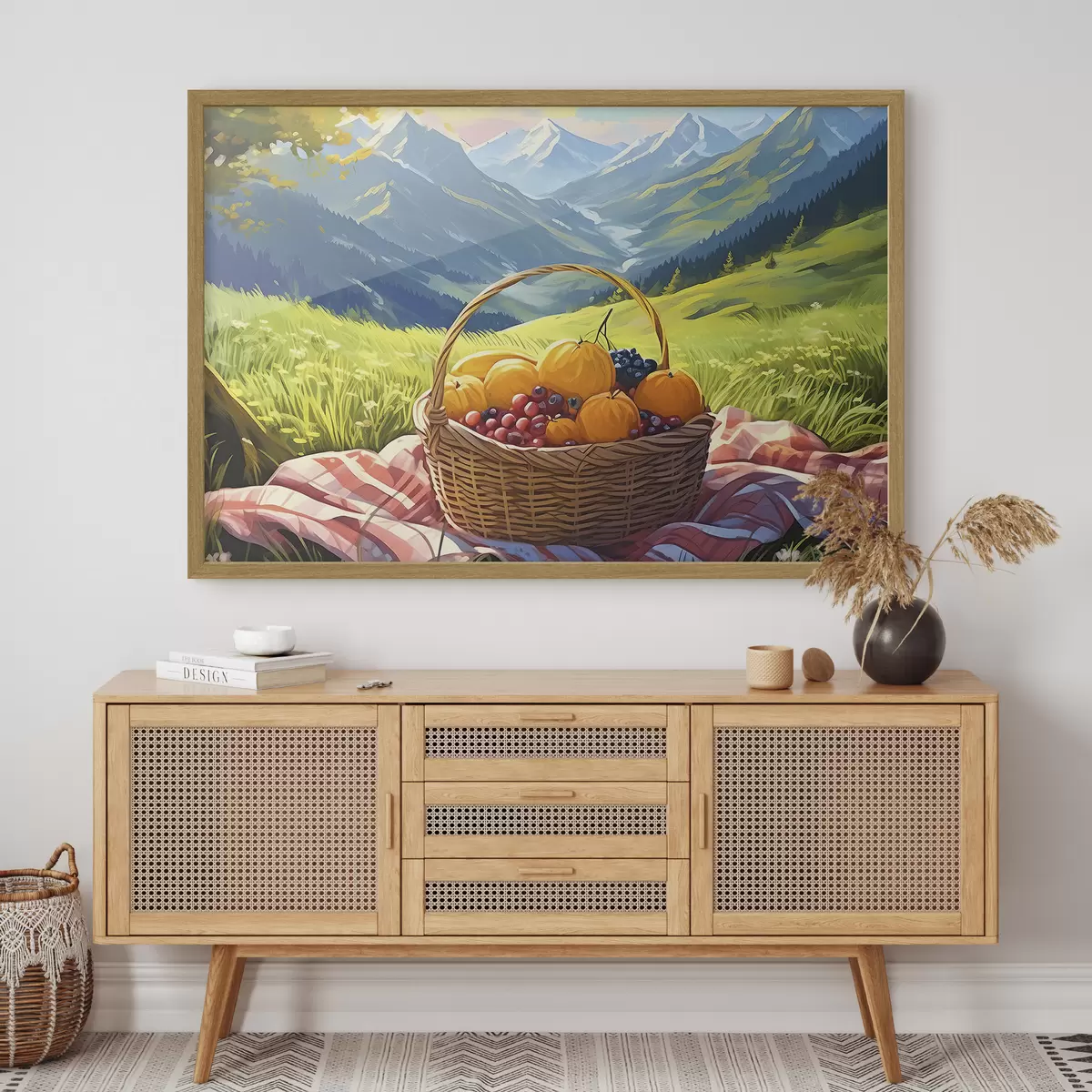 Poster una cesta de frutas en un prado en las montañas f38654