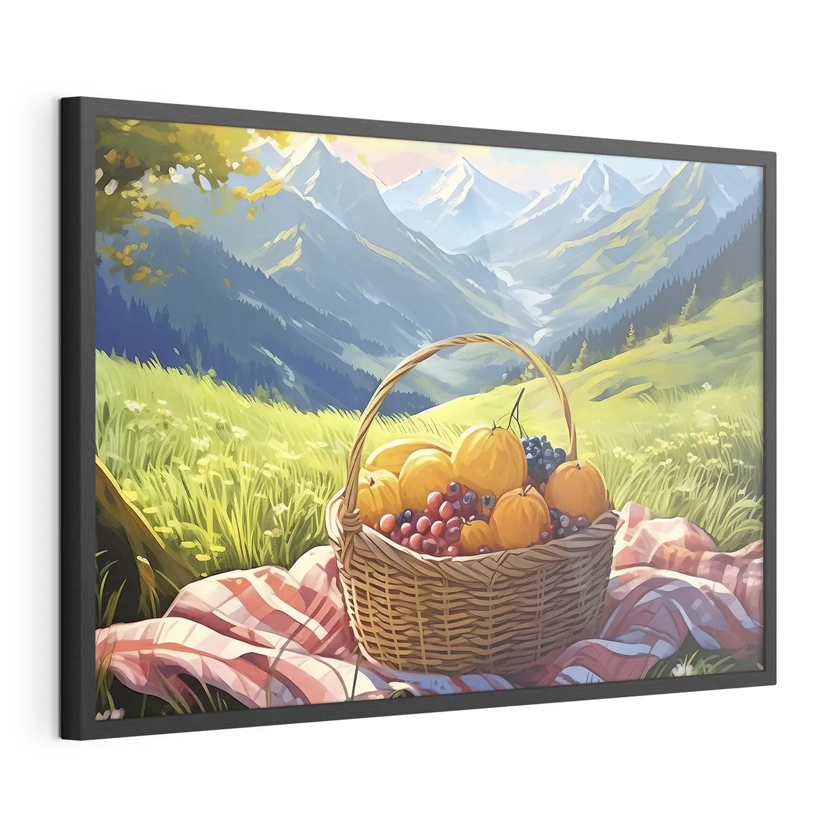 Poster una cesta de frutas en un prado en las montañas f38654