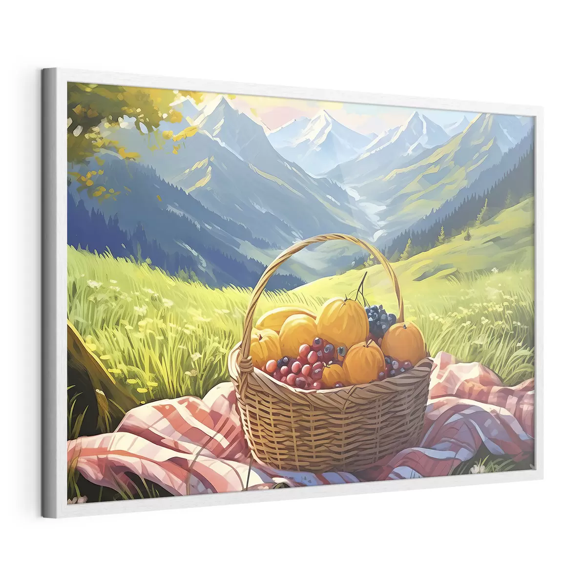 Poster una cesta de frutas en un prado en las montañas f38654