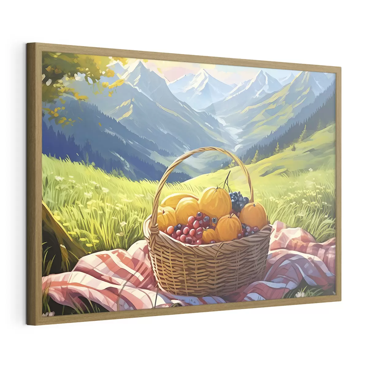 Poster una cesta de frutas en un prado en las montañas f38654