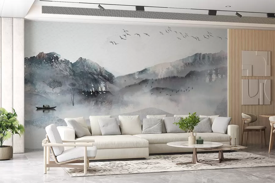 murales de pared Paisaje con montañas al fondo, con algunos árboles visibles en primer plano sereno  w00707