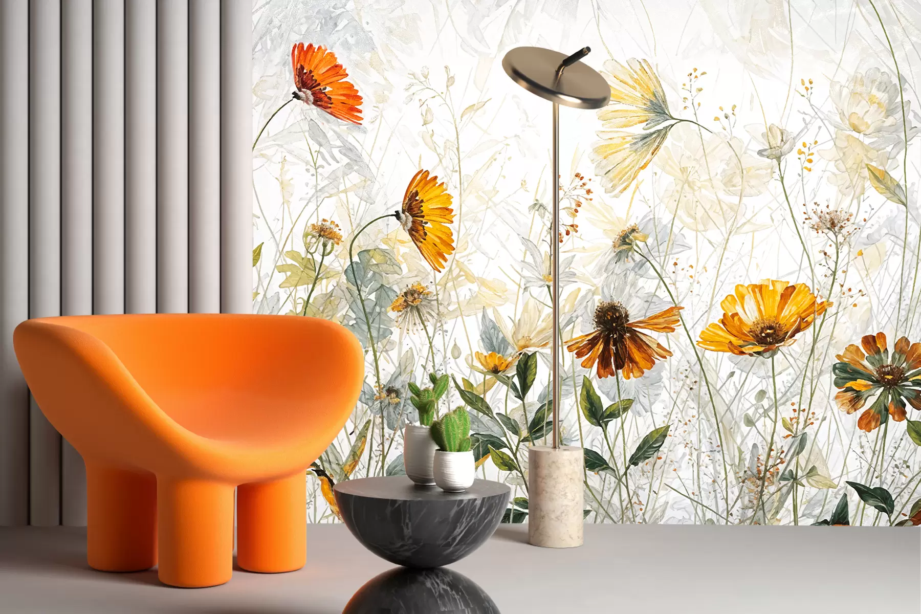 murales de pared Un campo de flores vibrantes sobre un fondo suave y brumoso con delicadas flores blancas y hierba tenue w00708