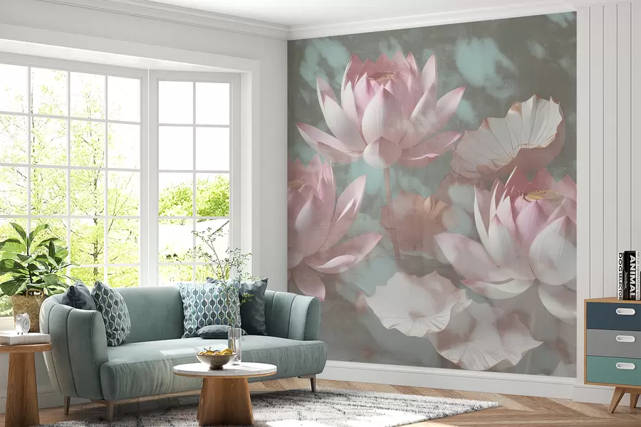 murales de pared Un primer plano de varias delicadas flores de loto rosa sobre un fondo suave y borroso w00710