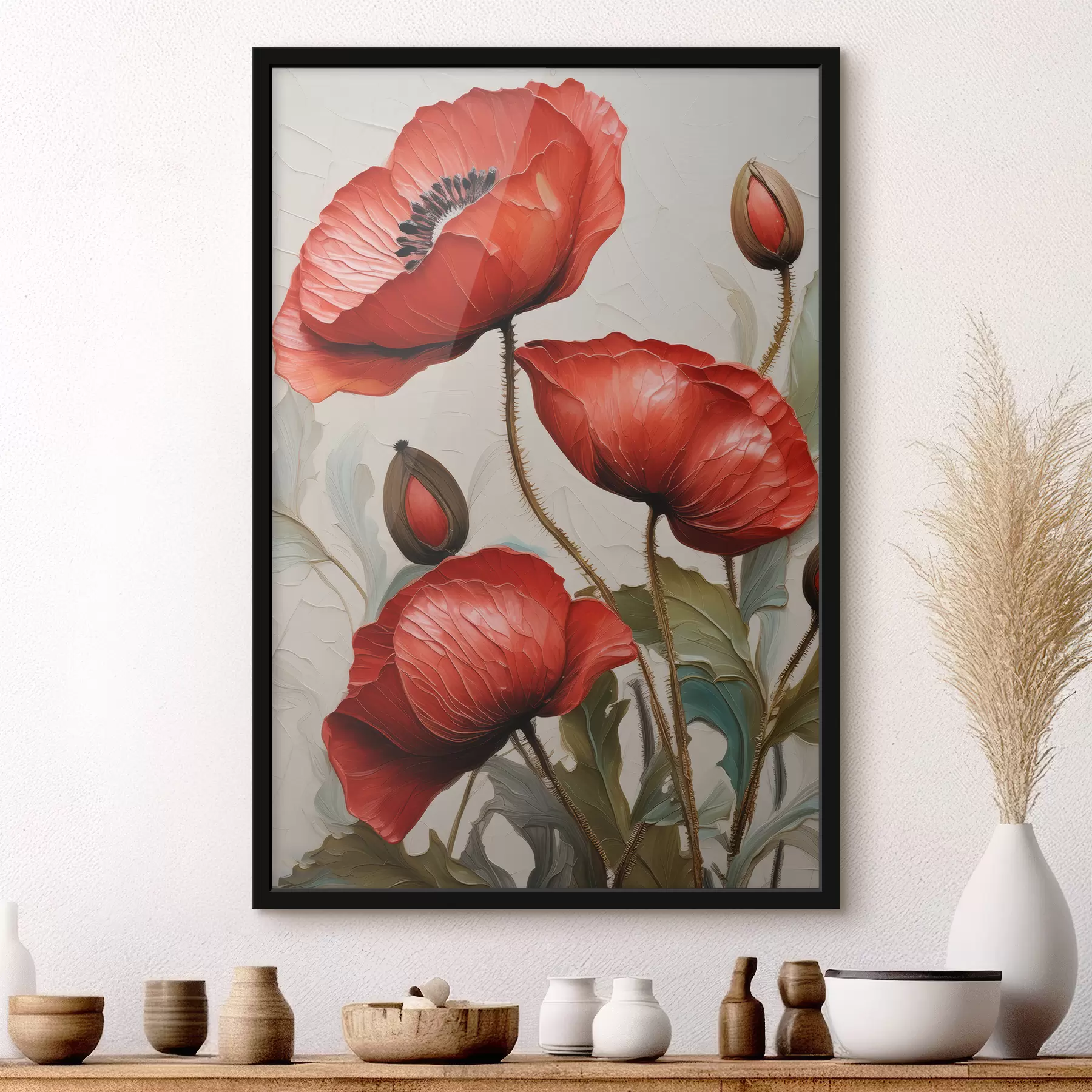 murales de pared Hermosas amapolas rojas con pinturas al óleo. f38734