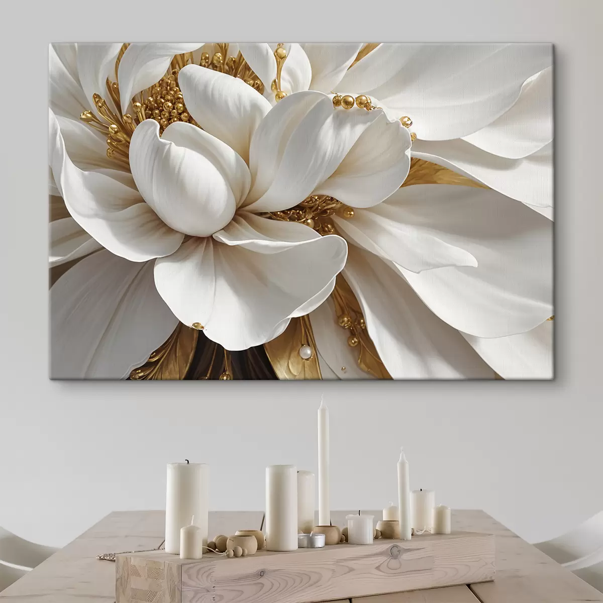 murales de pared Un primer plano de una gran flor blanca con delicados pétalos y estambres en el centro del minimalismo. s38762