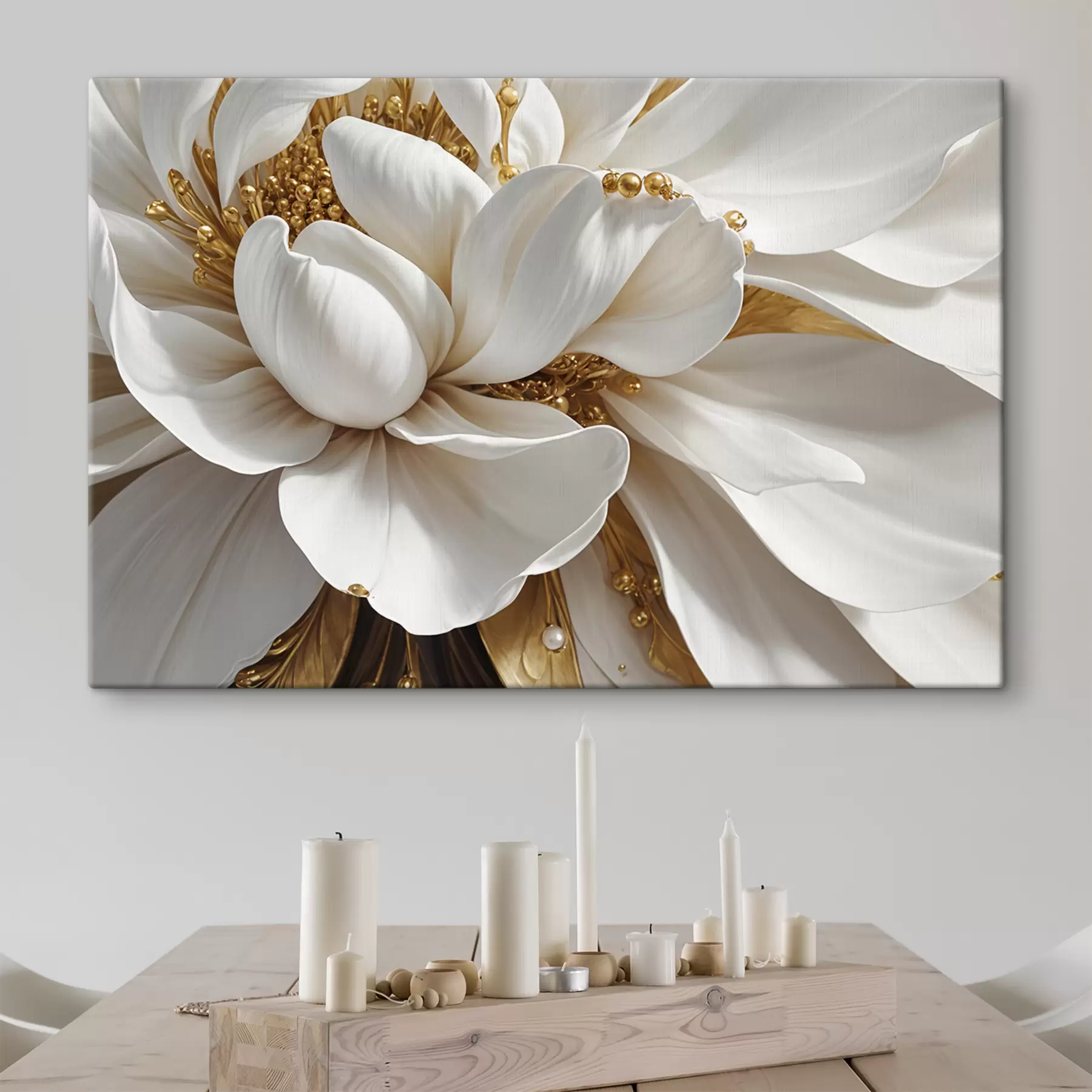 murales de pared Un primer plano de una gran flor blanca con delicados pétalos y estambres en el centro del minimalismo. s38762