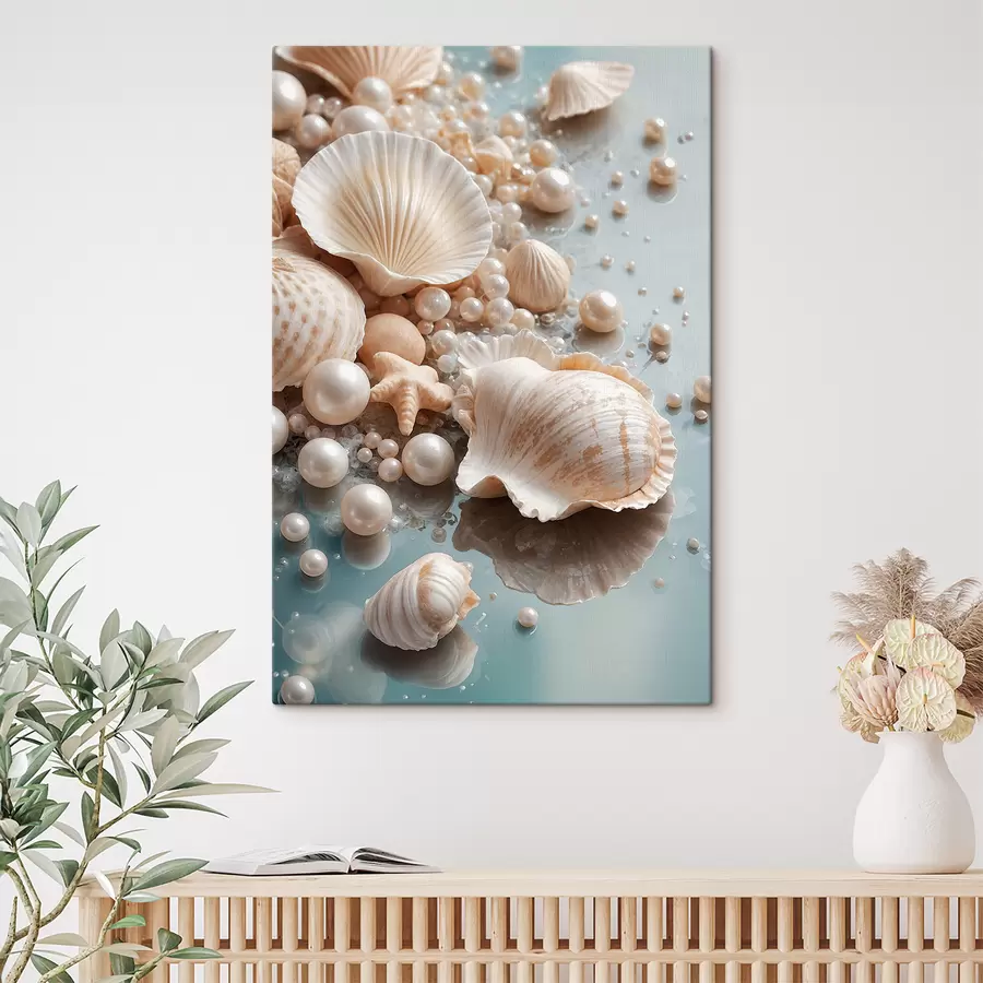 murales de pared Surtido de conchas y perlas sobre un fondo azul claro s38769