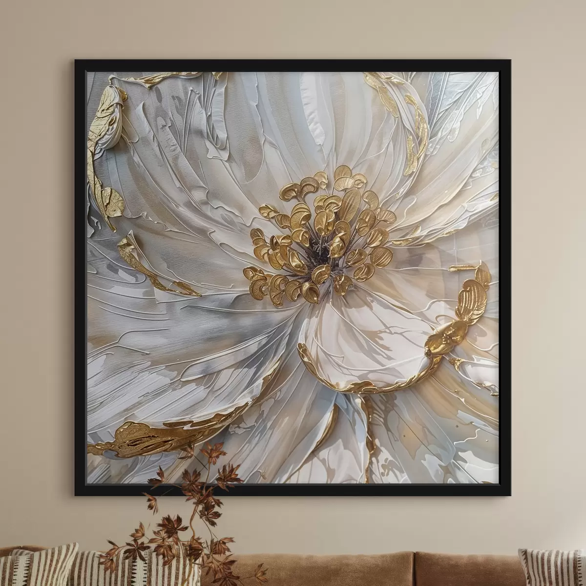 Poster Primer plano de una gran flor blanca con estambres amarillos en su interior, decoración artística pintada al óleo f38755