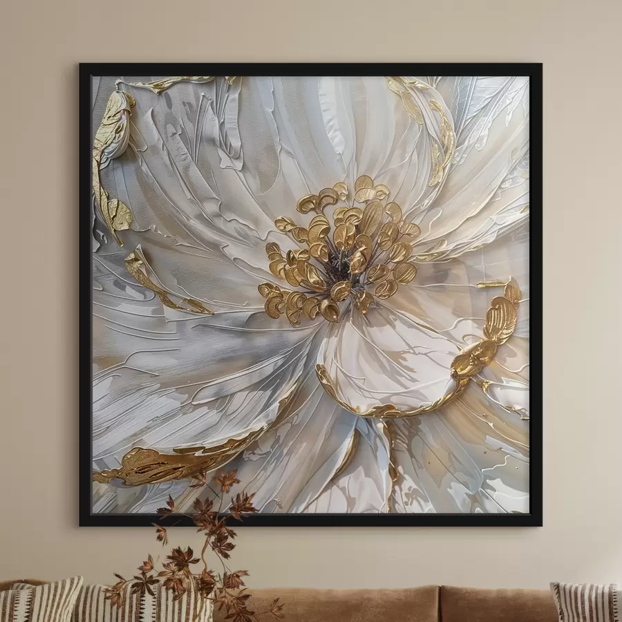 murales de pared Primer plano de una gran flor blanca con estambres amarillos en su interior, decoración artística pintada al óleo f38755