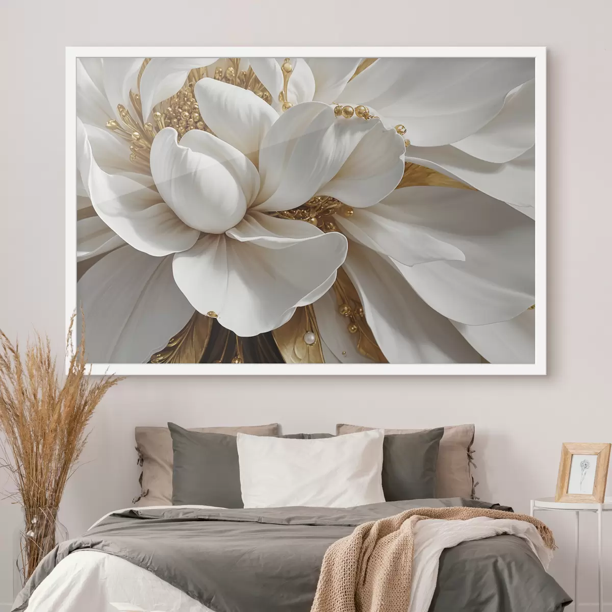 Poster Un primer plano de una gran flor blanca con delicados pétalos y estambres en el centro del minimalismo. f38762