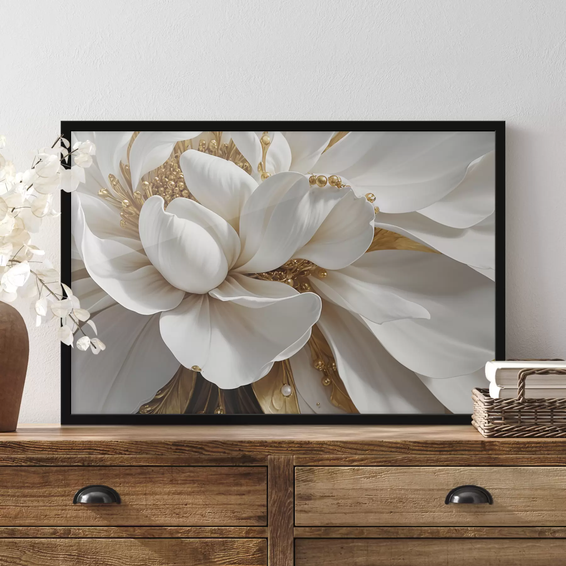 murales de pared Un primer plano de una gran flor blanca con delicados pétalos y estambres en el centro del minimalismo. f38762