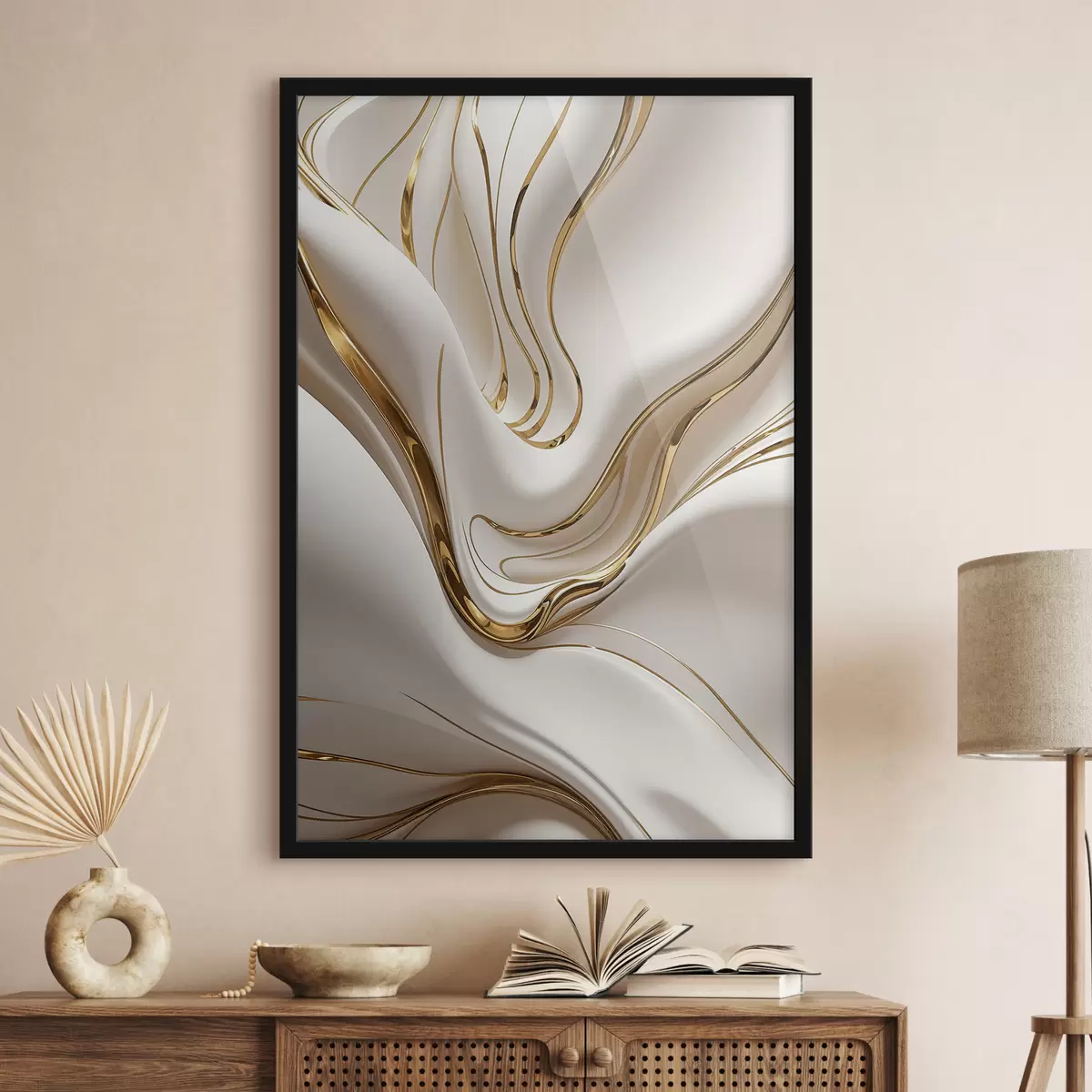 Poster Formas abstractas y blancas que fluyen, que se asemejan a metal líquido o fundido, composición dinámica f38767