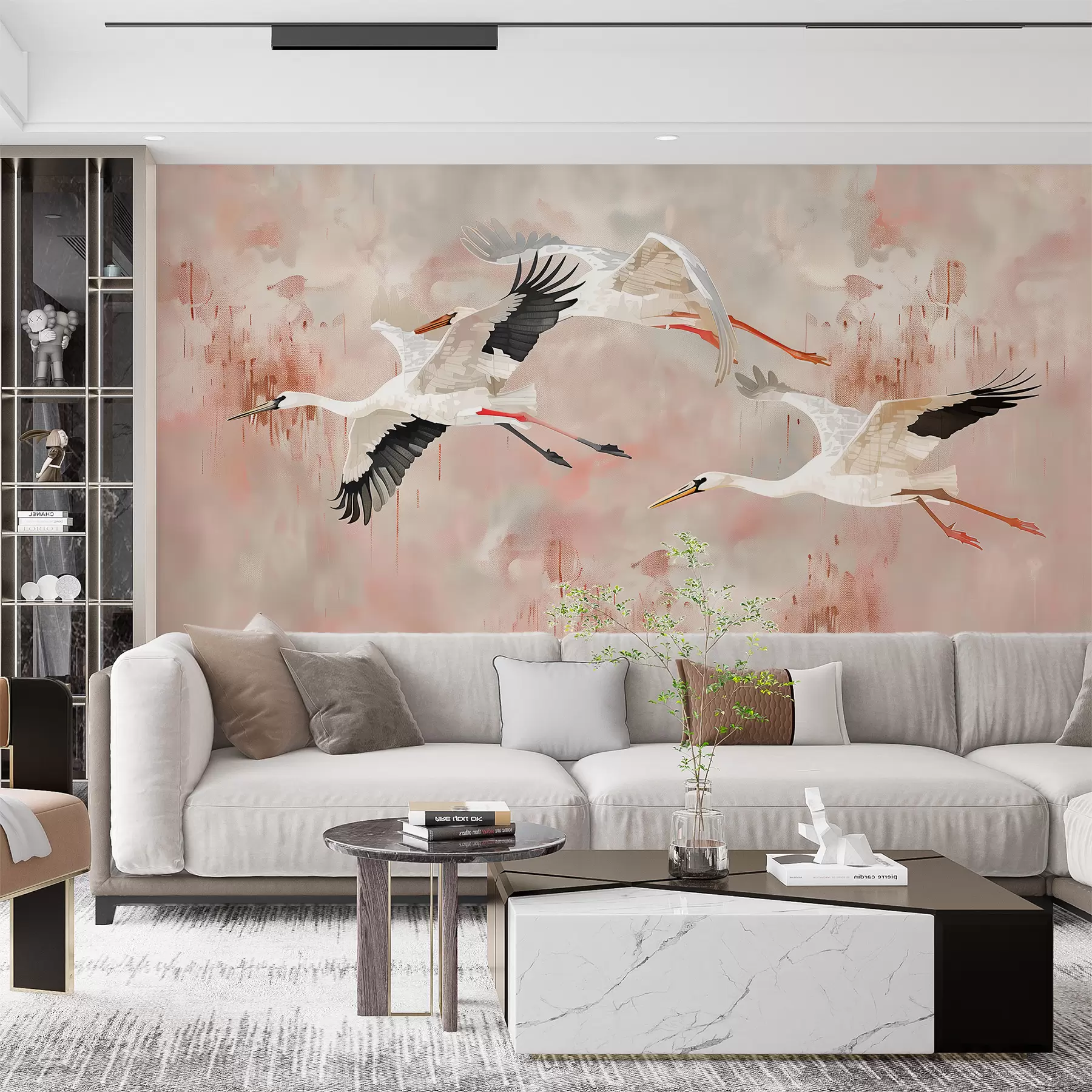 murales de pared Cigüeñas sobre un fondo rosa claro w00760