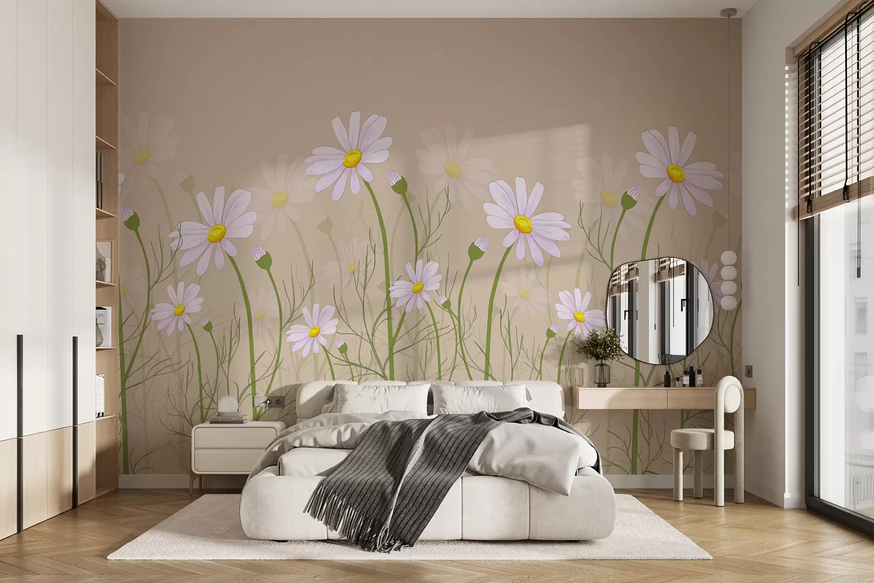 murales de pared grandes margaritas sobre fondo beige w00802