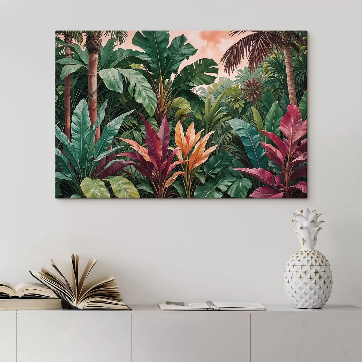 murales de pared Una exuberante selva tropical con hojas verdes vibrantes, hojas de palmeras y flores coloridas. s38817