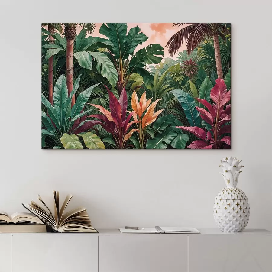 murales de pared Una exuberante selva tropical con hojas verdes vibrantes, hojas de palmeras y flores coloridas. s38817