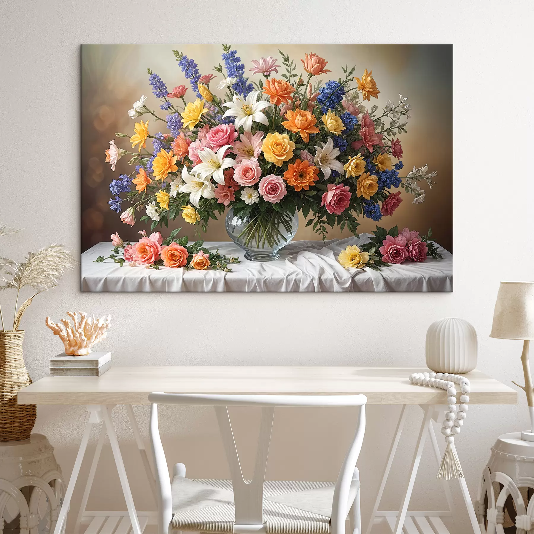 murales de pared Un vibrante ramo de varias flores de colores en un jarrón de vidrio sobre un mantel blanco, pintura artística vintage s38825