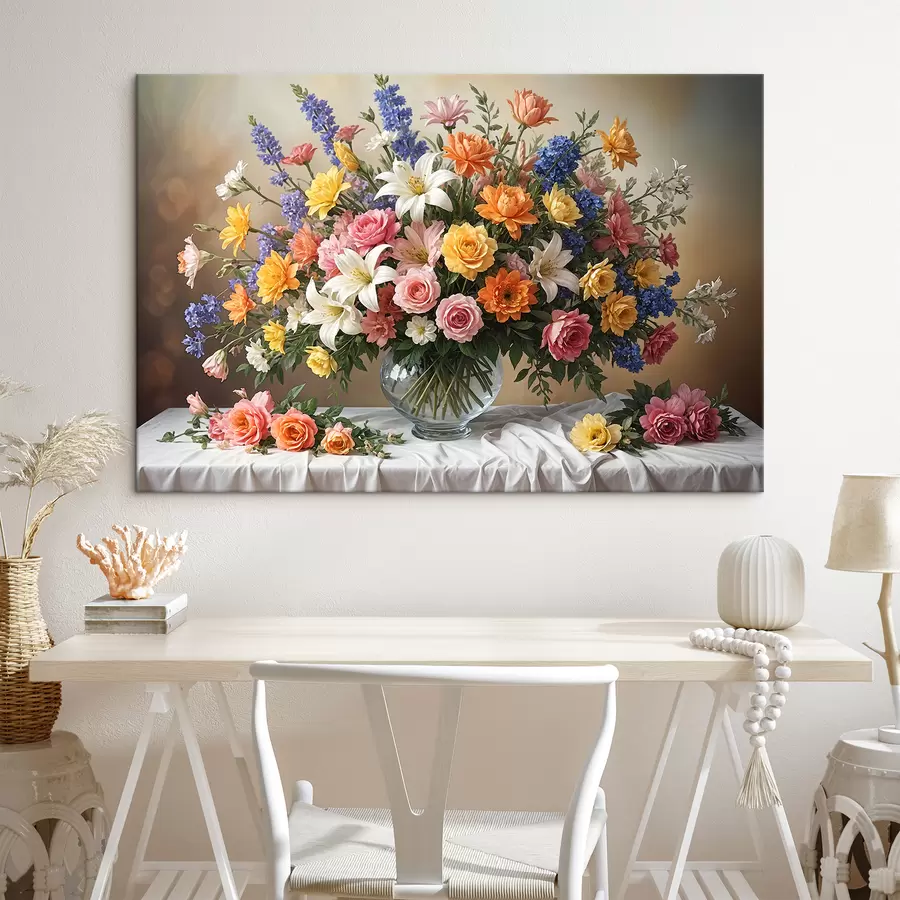 murales de pared Un vibrante ramo de varias flores de colores en un jarrón de vidrio sobre un mantel blanco, pintura artística vintage s38825