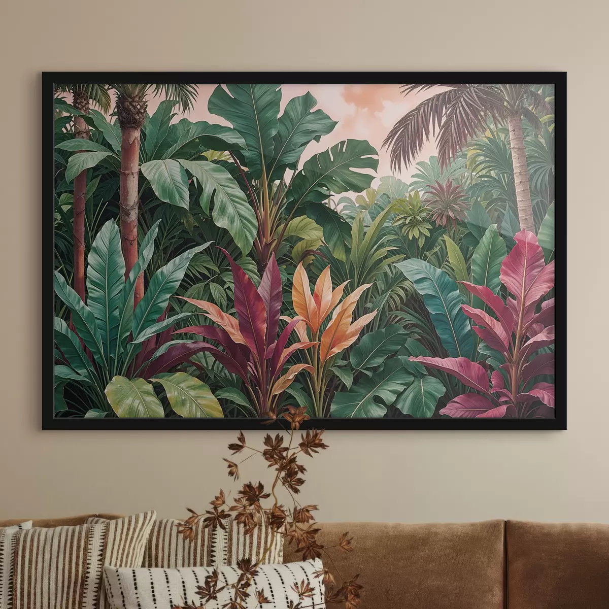 Poster Una exuberante selva tropical con hojas verdes vibrantes, hojas de palmeras y flores coloridas. f38817